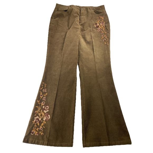 Back In The Saddle Pants - Back In The Saddle Pants Size 16 Brown Corduroy Embroidered Roses Flared Curvy